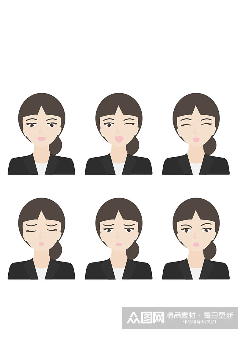6款创意低马尾商务女子表情矢量图素材