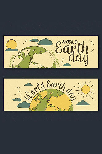 2款复古彩绘世界地球日banner矢量图