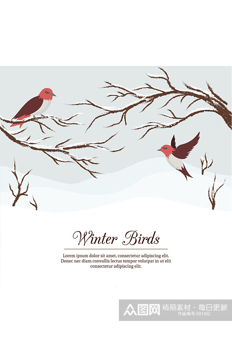 彩绘冬季树枝和鸟矢量素材素材
