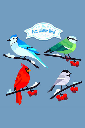4款彩色冬季树枝上的小鸟矢量图
