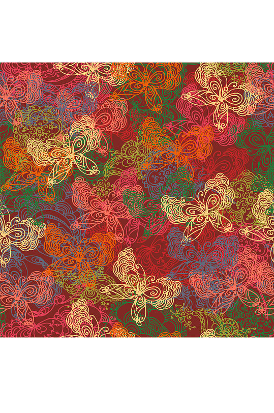 彩色蝴蝶和花纹无缝背景矢量图