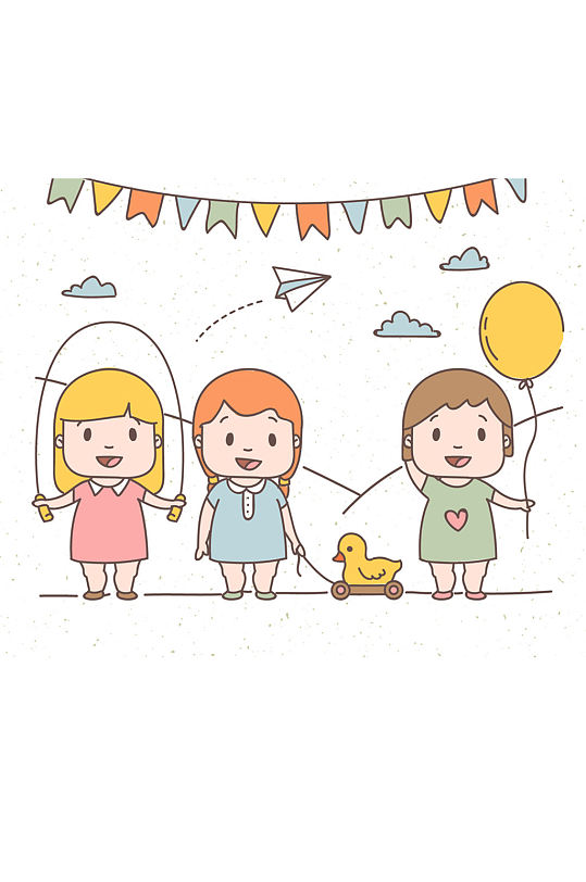 3个可爱玩耍的小女孩矢量素材