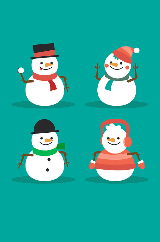 4款可爱笑脸圣诞雪人矢量图