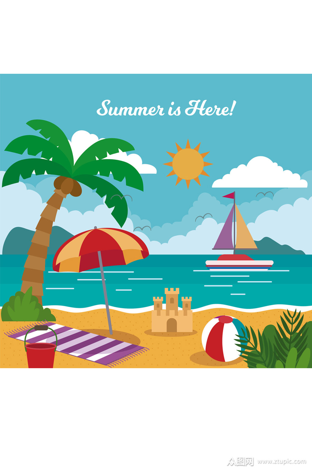 创意夏季度假沙滩风景矢量图