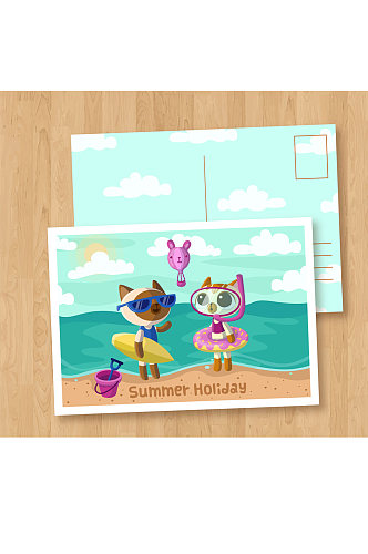 卡通夏季度假猫咪明信片格式矢量图