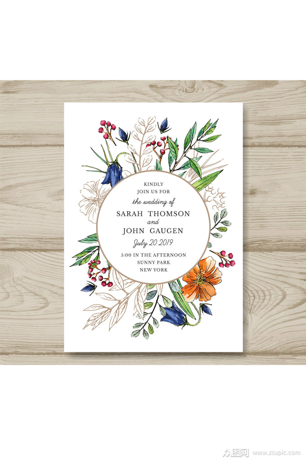 手绘花婚礼邀请卡设计矢量图