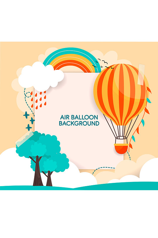 彩色热气球和树木贴纸装饰背景矢量图
