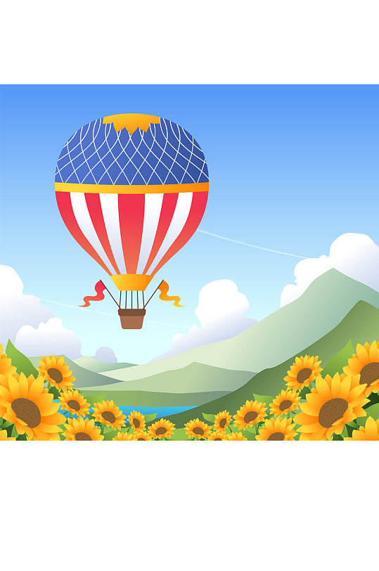 创意向日葵花海上的热气球矢量图