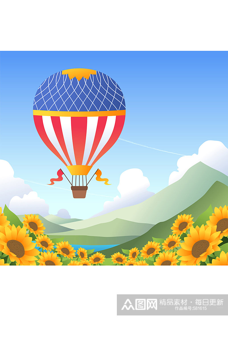 创意向日葵花海上的热气球矢量图素材