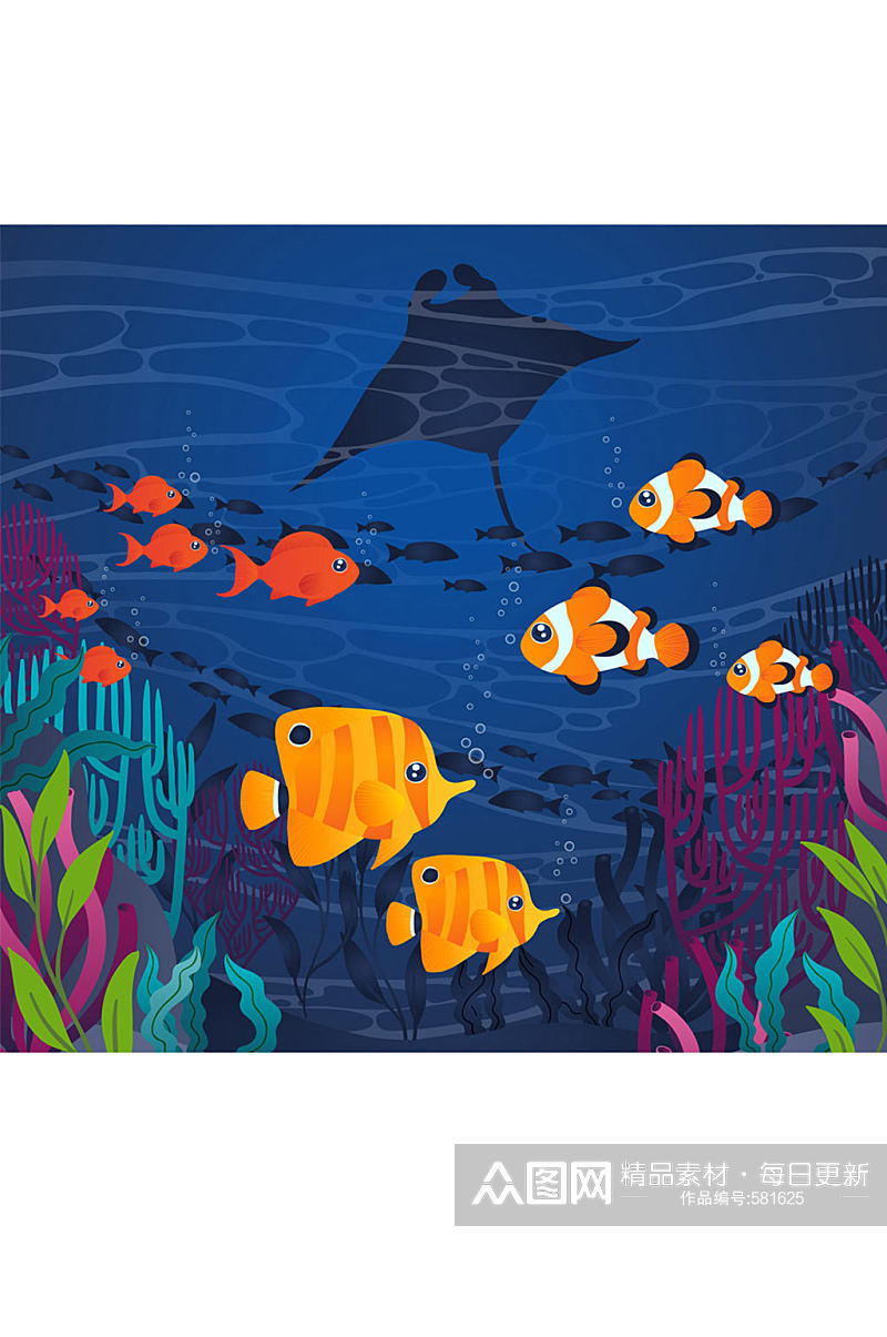 彩色海底热带鱼群风景矢量素材素材