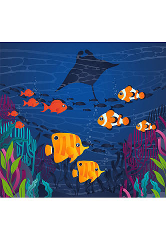 彩色海底热带鱼群风景矢量素材
