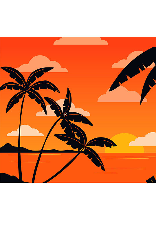 创意夕阳下的椰子树剪影矢量图