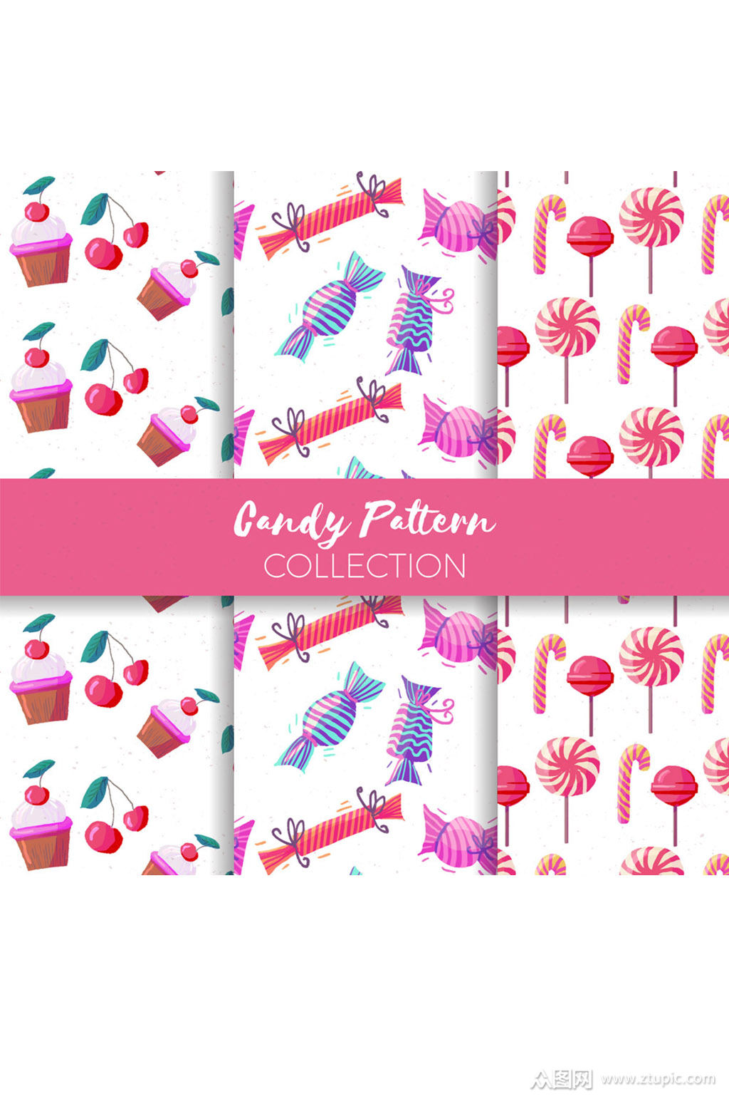 3款彩绘糖果无缝背景矢量图