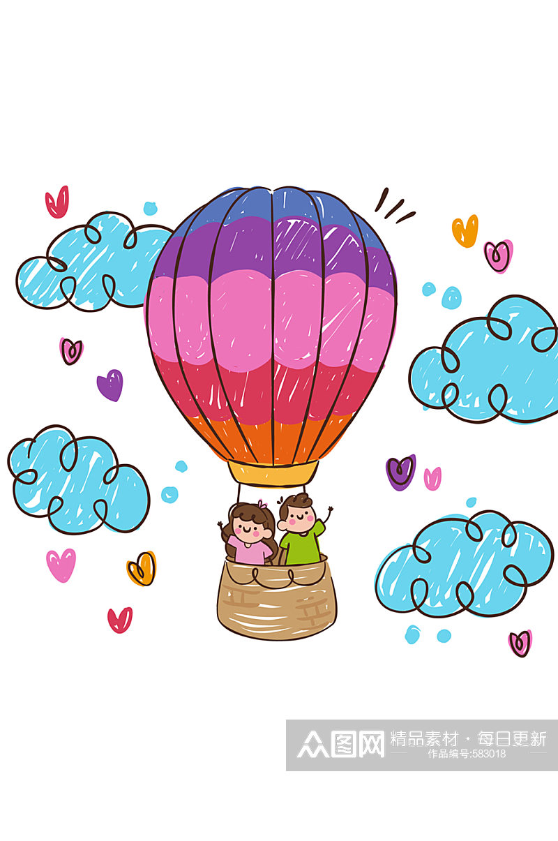 彩绘搭乘热气球的情侣矢量图素材