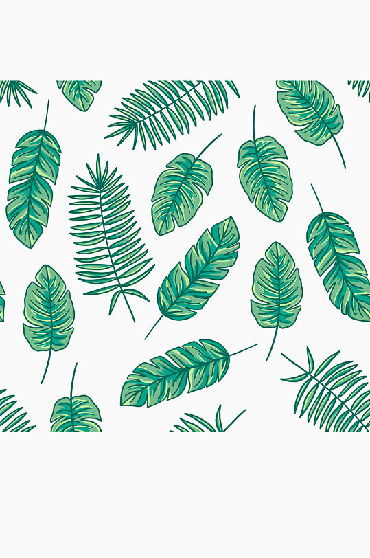 绿色彩绘热带树叶无缝背景矢量图