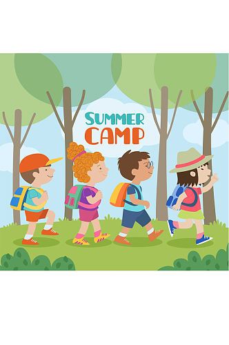 创意夏季野营的4个儿童矢量素材
