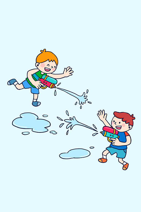 手绘玩水枪的2个男孩矢量素材-众图网
