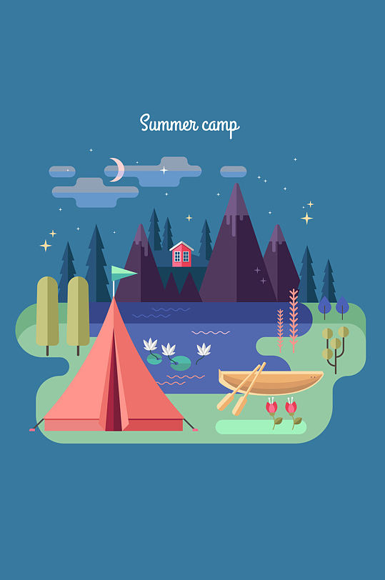 扁平化夏季野营自然风景矢量图-众图网