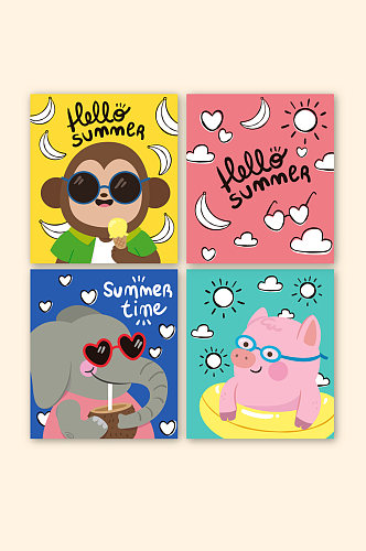 4款彩绘夏季动物卡片矢量图
