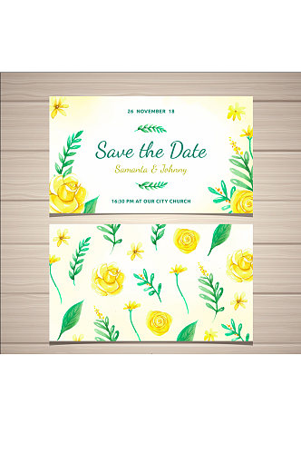 黄色玫瑰花婚礼邀请卡片正反面矢量图
