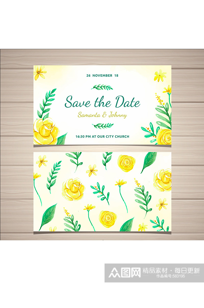 黄色玫瑰花婚礼邀请卡片正反面矢量图素材