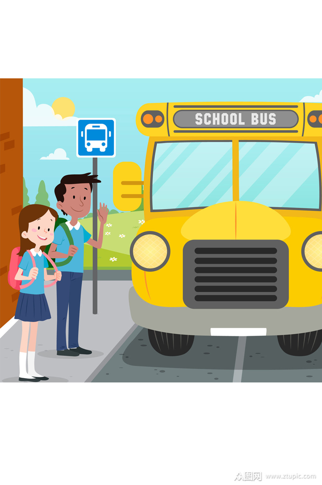 众图网独家提供创意准备上车的学生和校车矢量素材素材