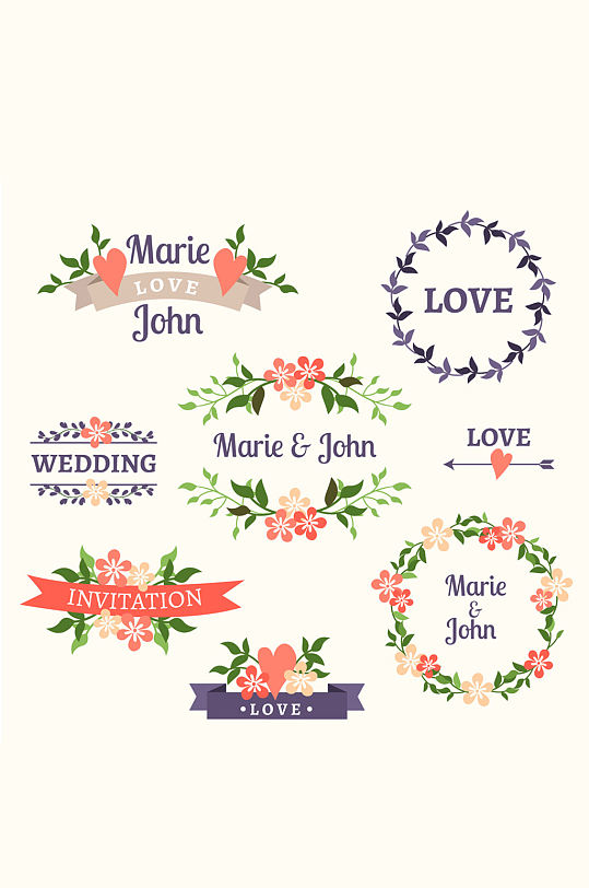 8款彩色婚礼花卉标签矢量图婚礼花卉元素