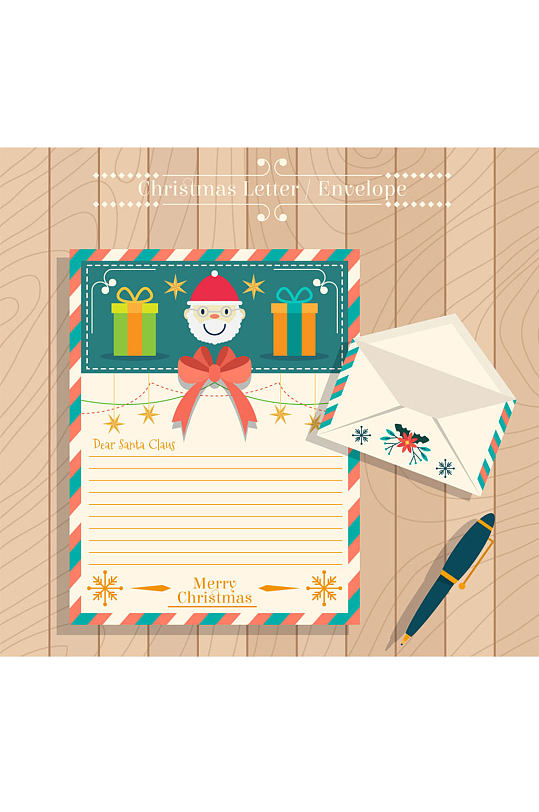 彩色圣诞信纸和信封矢量图