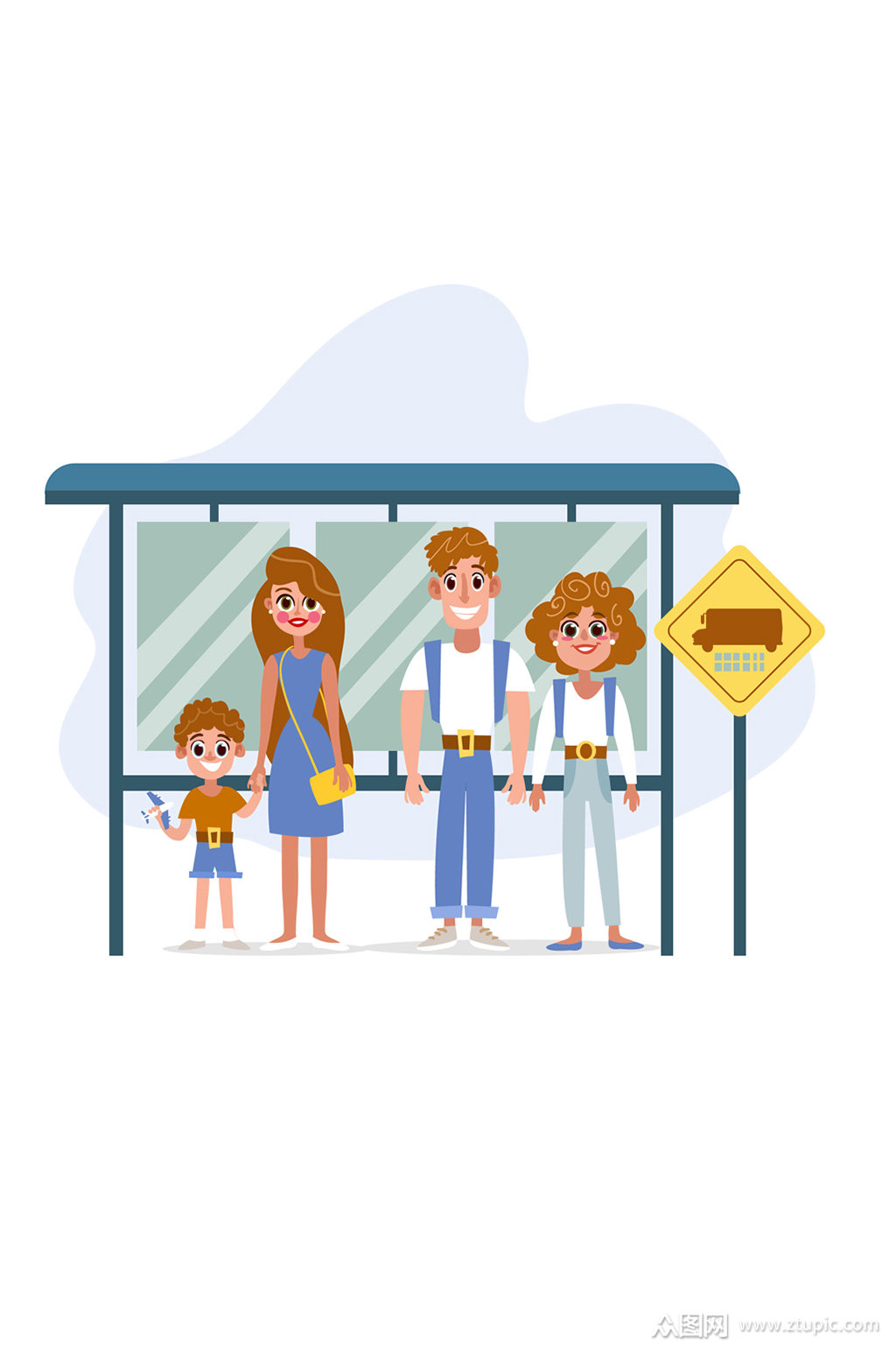 创意公交车站等车的人物矢量素材