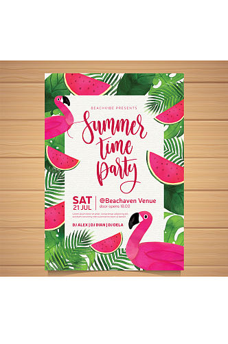 彩绘西瓜和火烈鸟夏季派对传单矢量图