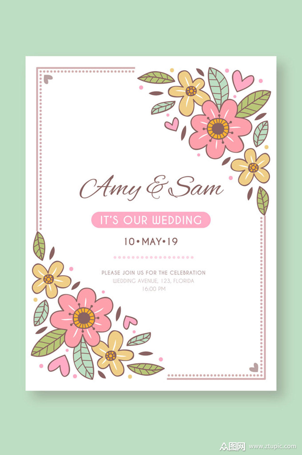 可爱花卉婚礼邀请卡矢量素材模板下载-编号583245-众图网
