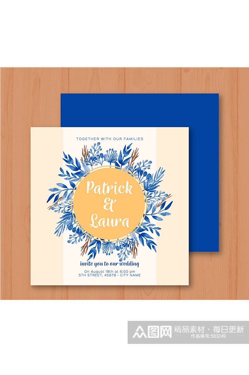 蓝色手绘花卉婚礼邀请卡矢量素材素材