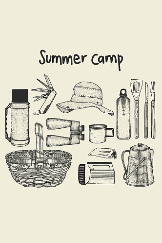 13款手绘夏季野营物品矢量素材