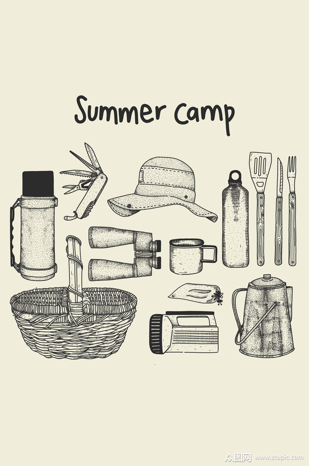 13款手绘夏季野营物品矢量素材