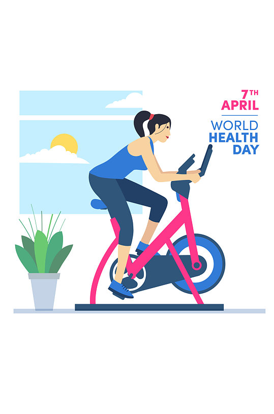 创意世界健康日骑健身车的女子 健身设计元素