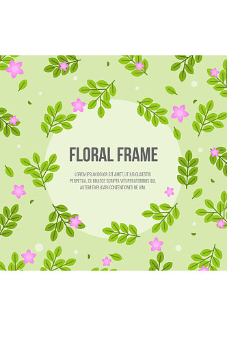 绿色树叶和粉色花朵框架矢量图