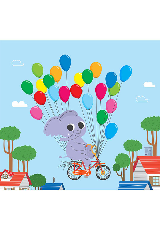 可爱骑气球单车的大象矢量素材