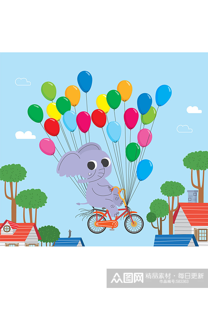 可爱骑气球单车的大象矢量素材素材
