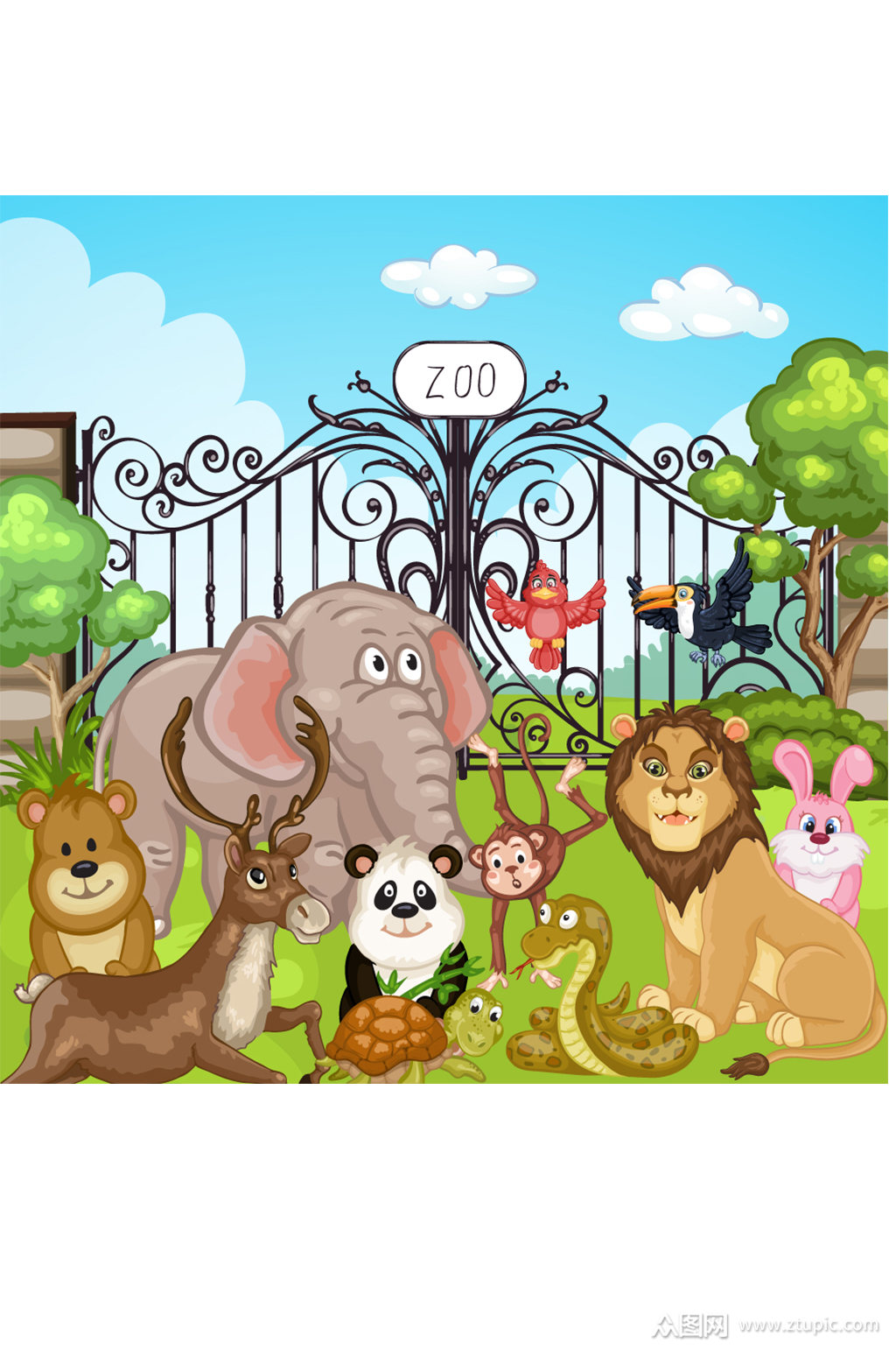 卡通动物园大门和动物矢量素材