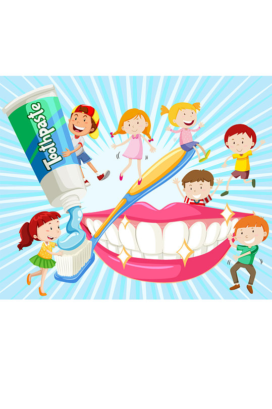卡通用牙刷刷牙的7个儿童矢量图