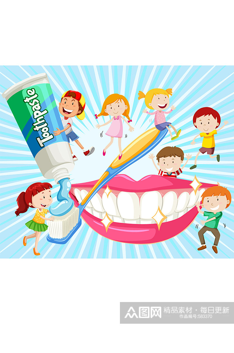 卡通用牙刷刷牙的7个儿童矢量图素材