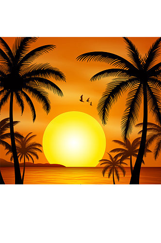 美丽夕阳下的大海沙滩风景矢量图