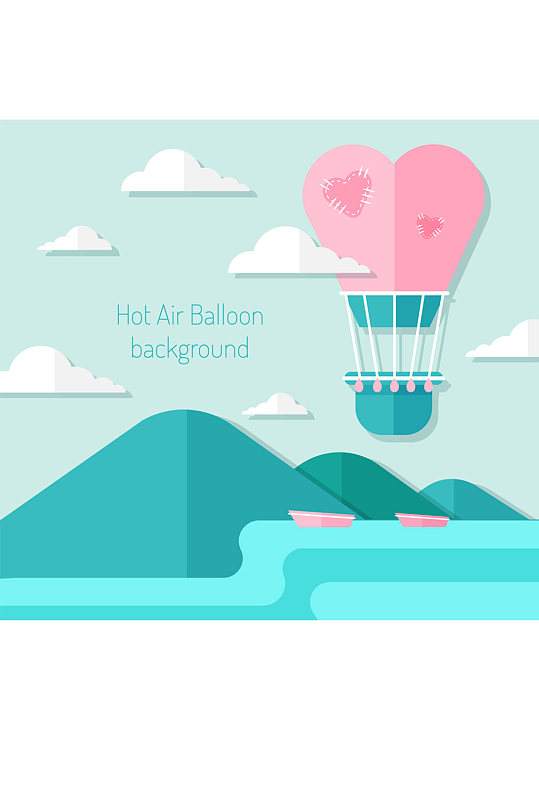 扁平化天空中的爱心热气球矢量图