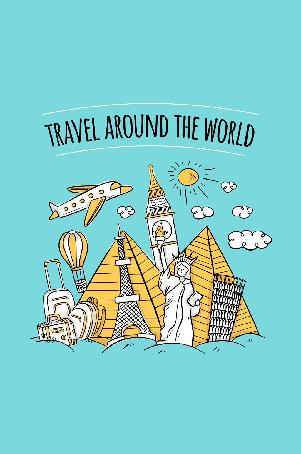 手绘环球旅行著名建筑矢量图