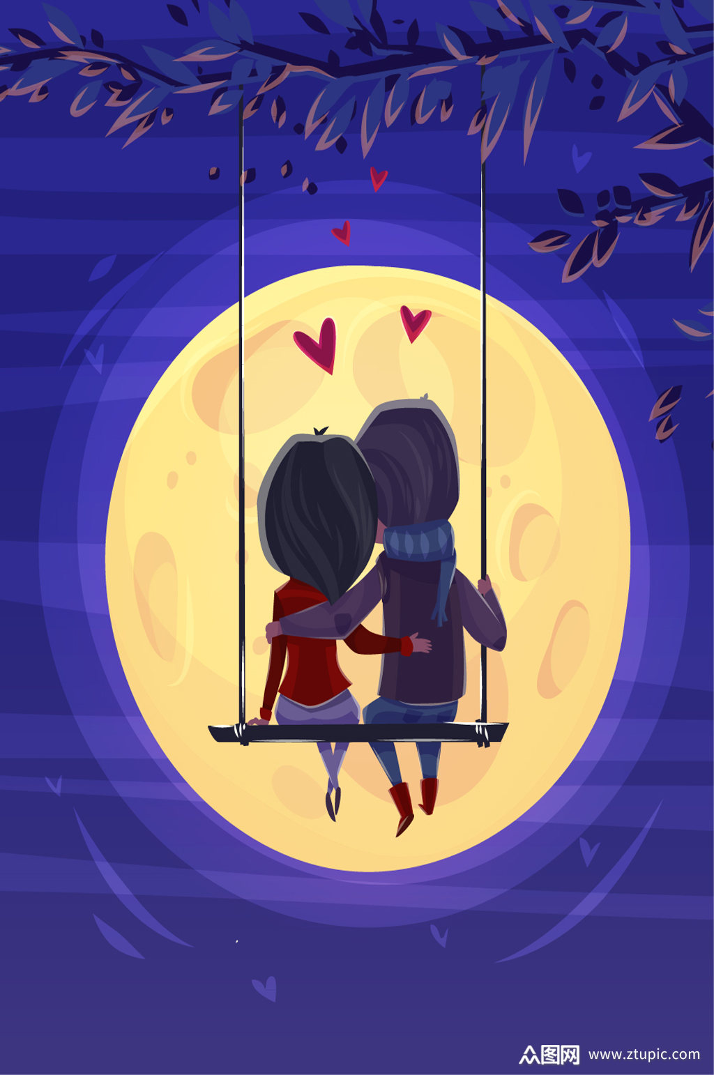 创意坐在秋千上赏月地的情侣背影矢量图