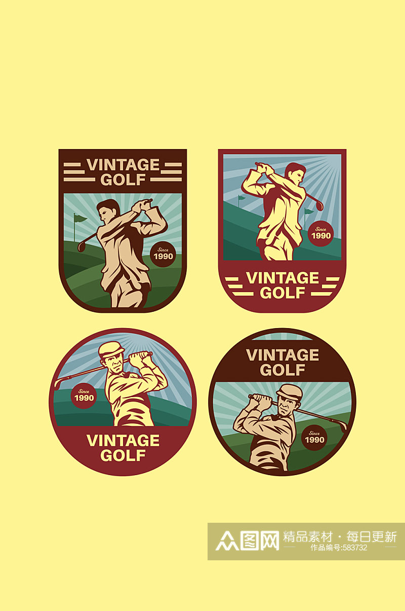 4款复古高尔夫球人物标签矢量图素材