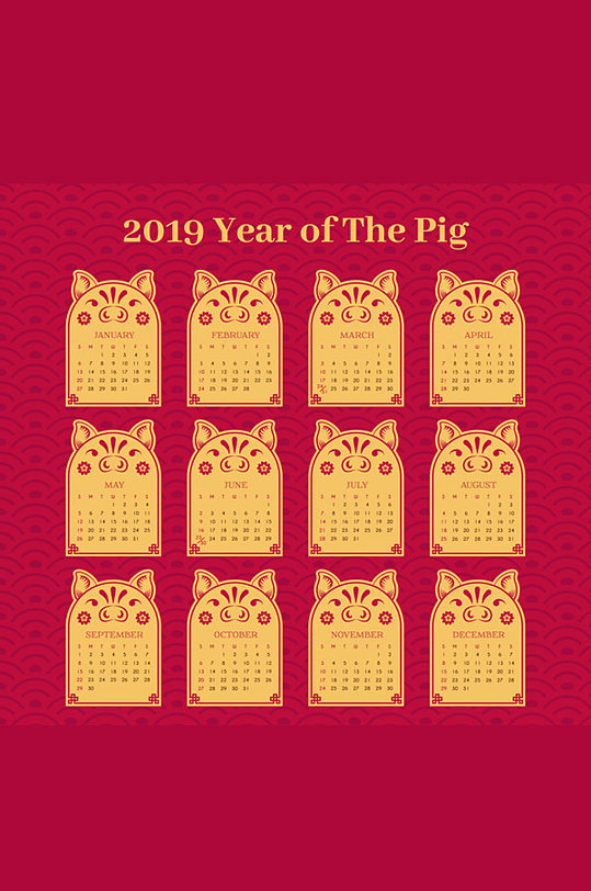 2019年红色猪年年历设计矢量素材