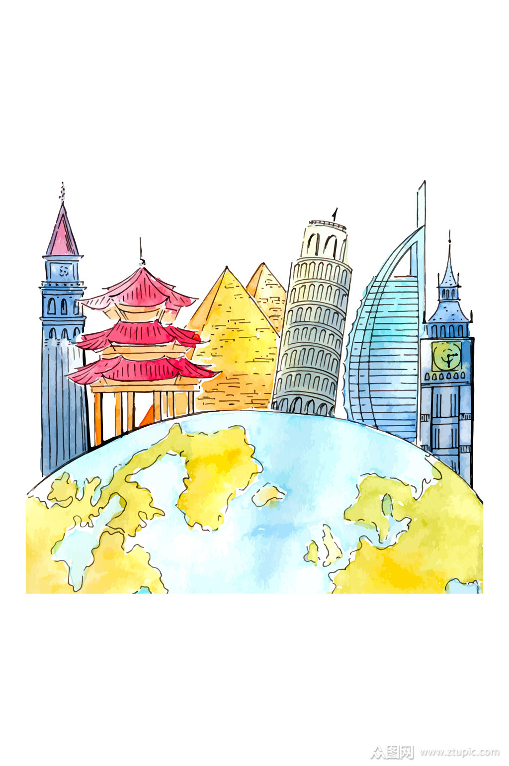 彩绘地球和世界著名建筑矢量图