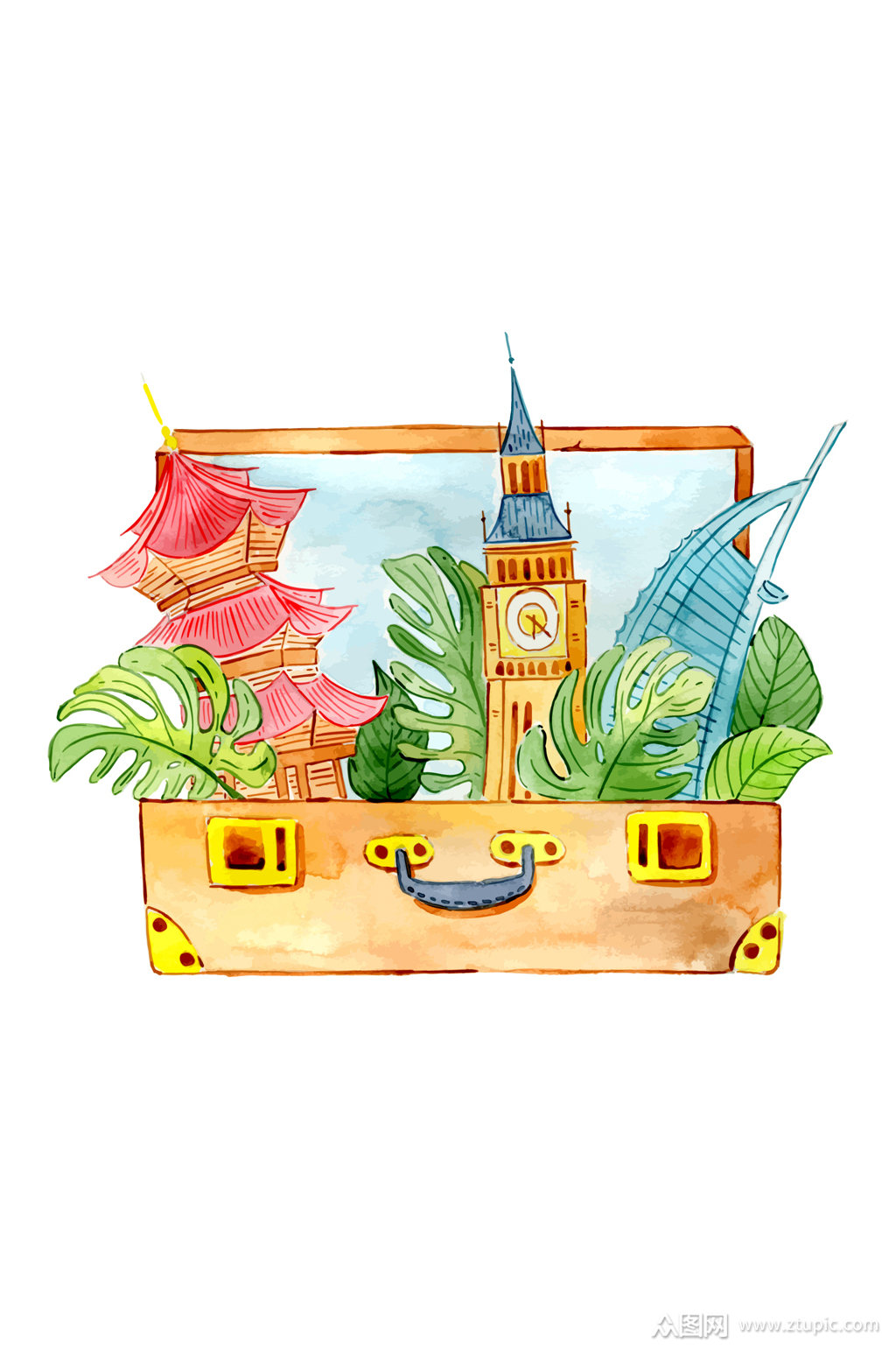 彩绘打开行李箱里的风景名胜矢量图素材
