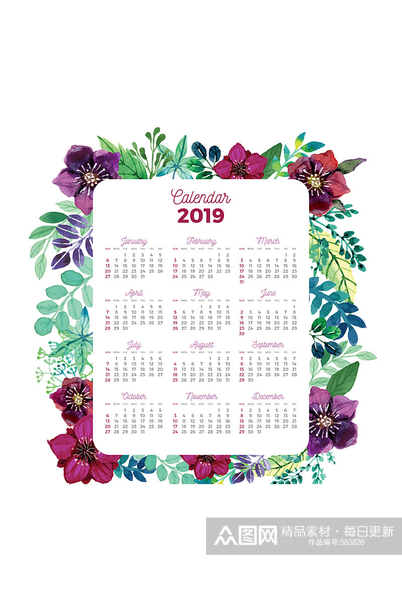 2019年彩绘花卉边框花纹年历矢量图素材素材